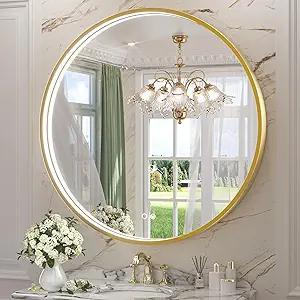 Keonjinn 36 Gold Round LED Mirror for Bathroom with Lights 3000K/4500K/6000K, Metal Framed Frontlighted Vanity Mirror Wall Mounted, Dimmable Makeup Mirror Touch Switch UL Listed CRI≥90