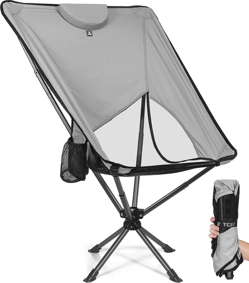 Swivel Portable High Back Camping Chair Small Compact Lightweight Folding Chairs for Adults, Outdoor Collapsible Backpack Chair for Camp, Travel, Sports, Easy Carry and Quick Setup (Grey)