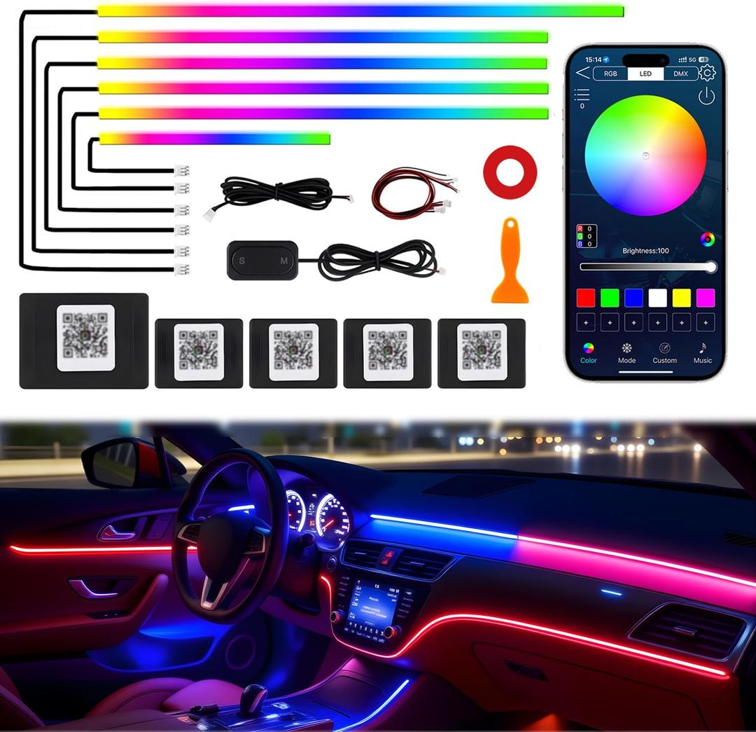Dreamcolor Acrylic Interior Car LED Strip Lights, 6 in 1 Ambient Lighting Kit with Wireless APP, Dynamic Chasing Music Sync Fiber Optic Lights with DIY Mode, Car Inside Lighting Accessories