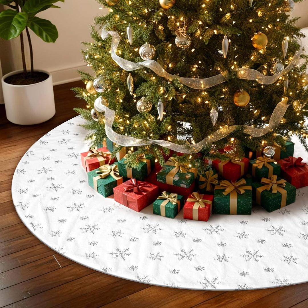 72 Inches Christmas Tree Skirt for Xmas Tree Holiday Party Decorations White Plush Silver Sequin Snowflake, Silver