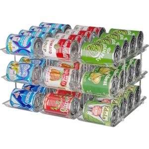 Stackable 3-Tier Can Organizer for Pantry & Fridge  Clear Auto-Rolling Rack Holds 36 Cans | Space-Saving Storage for Soda & Canned Food (3 Interlocking Sets)