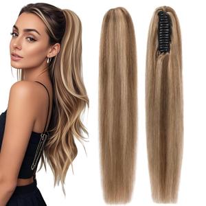 S-noilite Claw Clip Ponytail Extension Human Hair #4P27 Medium Brown Mix Dark Blonde Real Remy Human Hair Ponytail Extension 14inch Long Straight Hair Pony Tails Hair Extensions For Women 105Grams