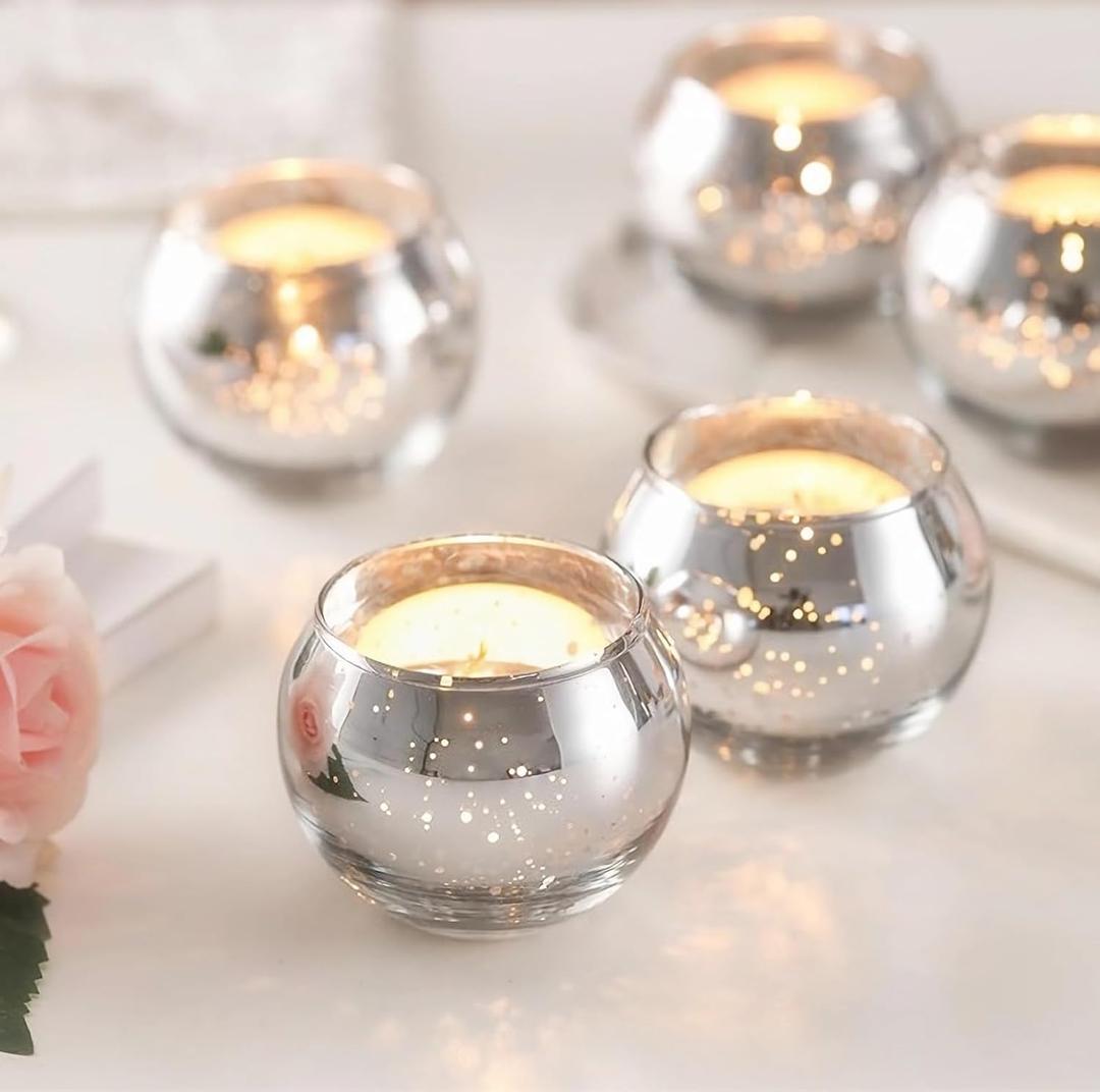Tebery 12 Pack Round Silver Votive Candle Holders, 2-Inch Glass Tealight Candle Holder for Table Centerpiece, Wedding Decoration, Party, and Home Decor