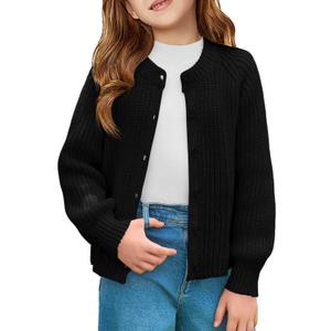 Haloumoning Girls Cardigan Button Down Long Sleeve Chunky Knit Sweater Fall Cute Outerwear Coat, 5-14Y (Black, 7-8Y)