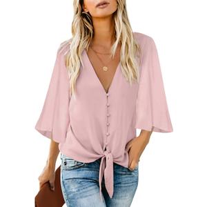 luvamia Women's Casual V Neck Tops 3/4 Sleeve Tie Knot Blouses Solid Button Down Shirts (Pink, M)