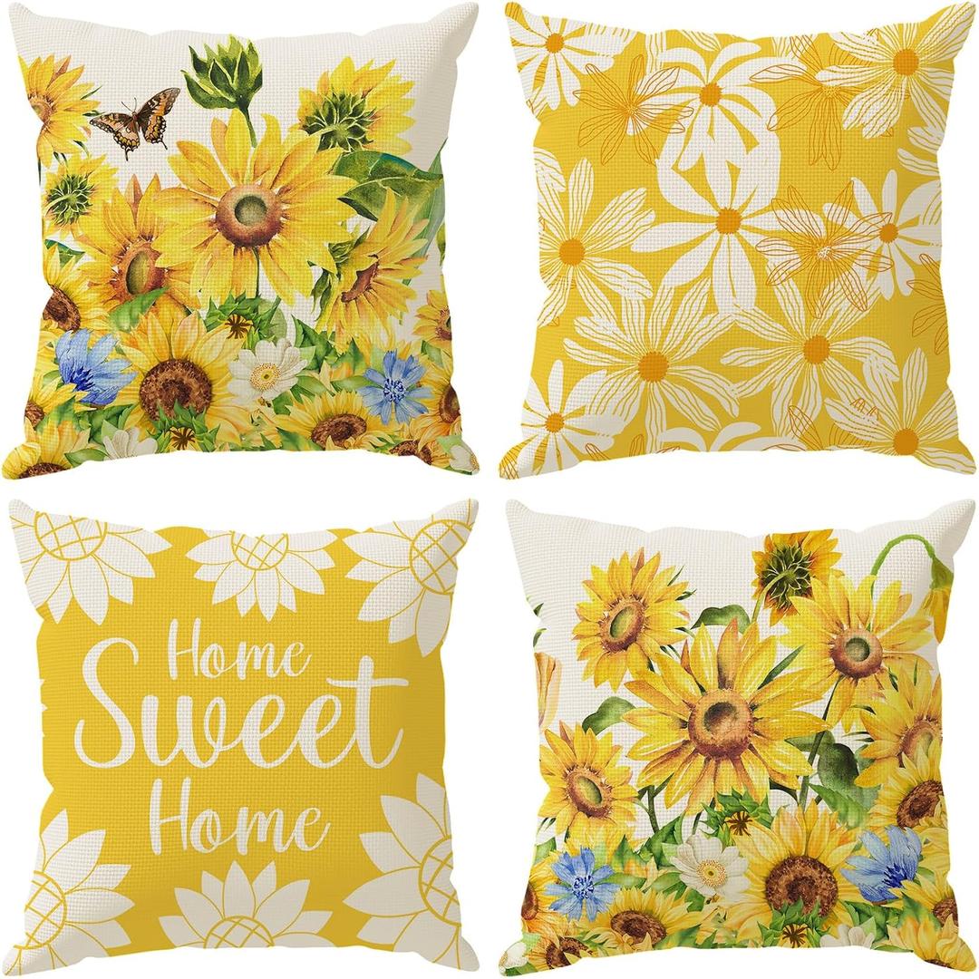 Watercolor Sunflower Butterfly Summer Pillow Covers Throw Pillow Cases Set of 4 Decorations for Home Sofa Cushion Cover Party Holiday Decor 16x16 Inch