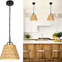 Rattan Pendant Light with Woven Basket Shade, Boho Farmhouse Pendant Light Fixture, E26 Hanging Light with Adjustable Chain for Kitchen Island Dining Room Bedroom Entryway