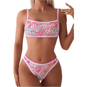 SOLY HUX Bathing Suit for Women Two Piece Floral Print Tie Back Swimsuit Bikini Sets L Pink Floral