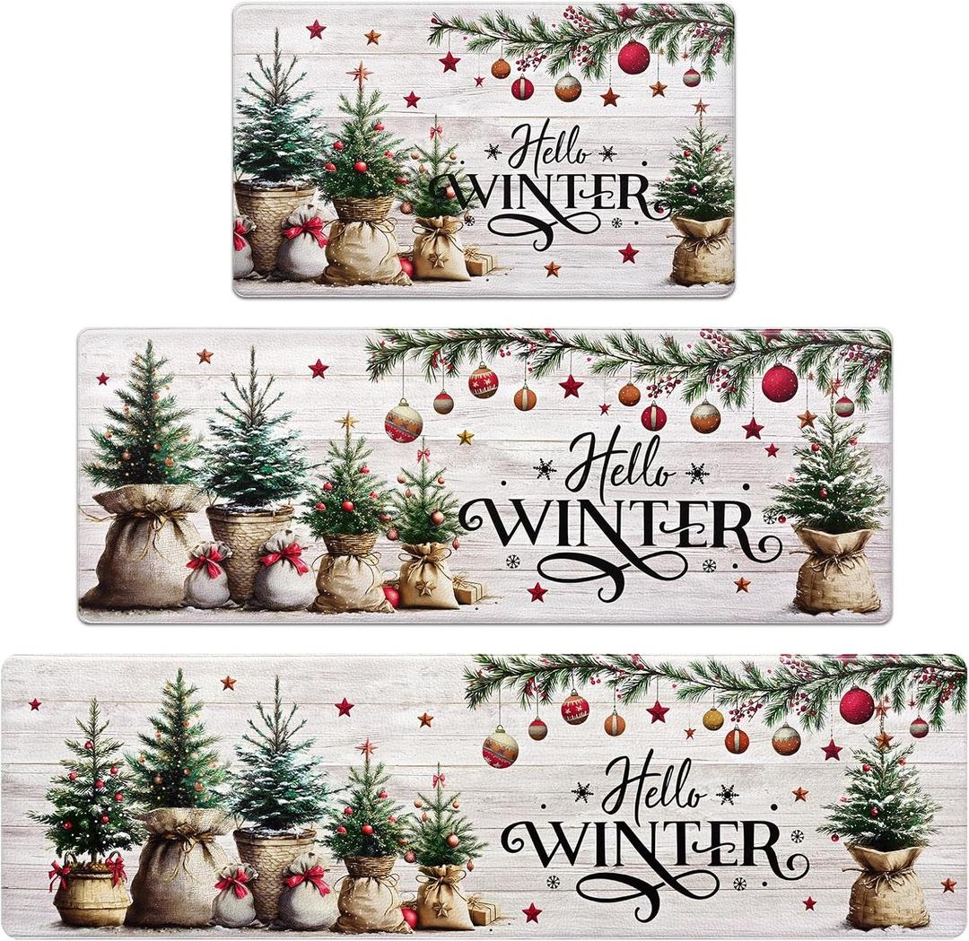 Yinhua Merry Christmas Kitchen Mats for Floor, Xmas Tree Kitchen Rugs Sets of 3, Anti Fatigue Mats for Kitchen Floor Mat Non Slip Waterproof Rug for Christmas Winter, 17.3"30"+17.3"47"+17.3"59"