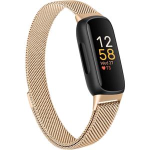 Meliya Stainless Steel Metal Mesh Loop Bands for Fitbit Inspire 3/2/HR - Adjustable Magnetic Wristband Replacement Straps for Men and Women (Rose Gold 02)