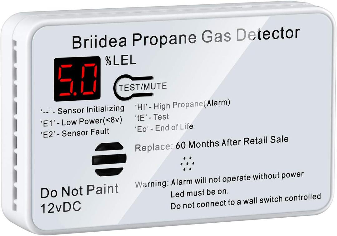 RV Propane Alarm, Briidea RV Propane Gas Detector with 85dB Loud Alarm, 12 VDC, White
