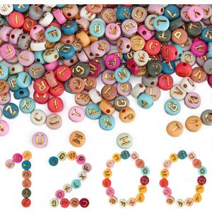 Gionlion 1200+Pcs Colorful Round 4x7mm Letter Beads for Bracelet Making, Acrylic Alphabet Beads for Jewelry Making, DIY Friendship Bracelets with Gold Letters on Colorful Beads