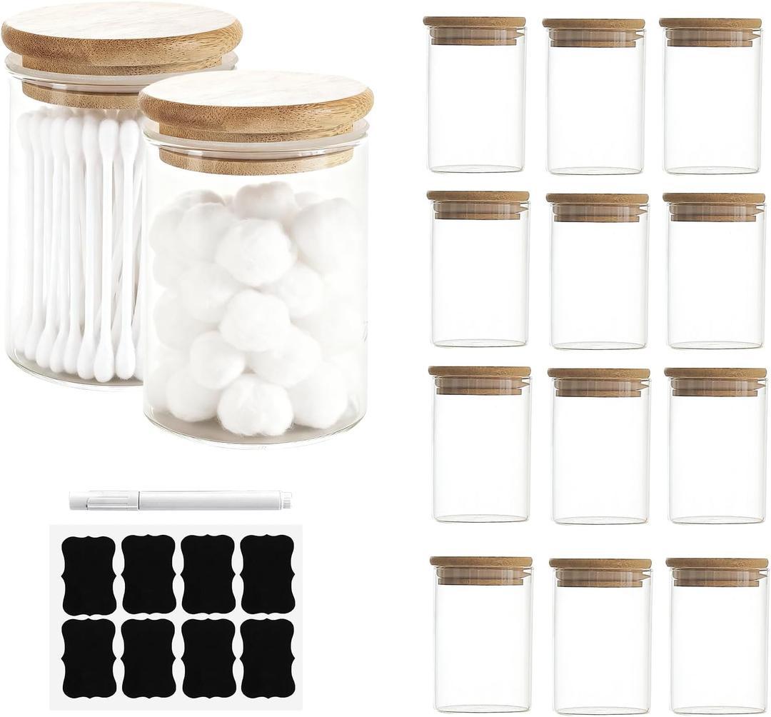 12 Packs Bamboo Qtip Holders, 10 oz Glass Round Storage Containers with Lids for Cotton Pads Swabs Balls, Jewelry/Makeup Organizer and Spice Container