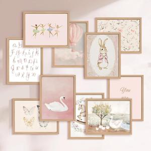 JarThenaAMCS 10Pcs Nursery Wall Art Baby Girl Room Decor Watercolor Pink Wall Art Prints Decor Rabbit Bunny Swan Butterfly Paper Posters for Toddler Bedroom Playroom, 8 x 10 Inch, Unframed