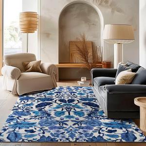 EVERGRACE Area Rugs for Living Room 6x9, Boho Floral Faux Wool Indoor Outdoor Rugs, Washable Rugs for Bedroom Dining Room Entryway Kitchen, Low Pile Floor Mat Carpet for Home Decor, Celtic Blue