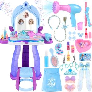 Princess Vanity for Toddlers Girls 3-5 Years Old, Kids Vanity Table and Chair Set with Magic Mirror Light Music, Toddler Makeup Dresser Set, Interactive Pretend Play Dress Up Beauty Salon Toys Gifts