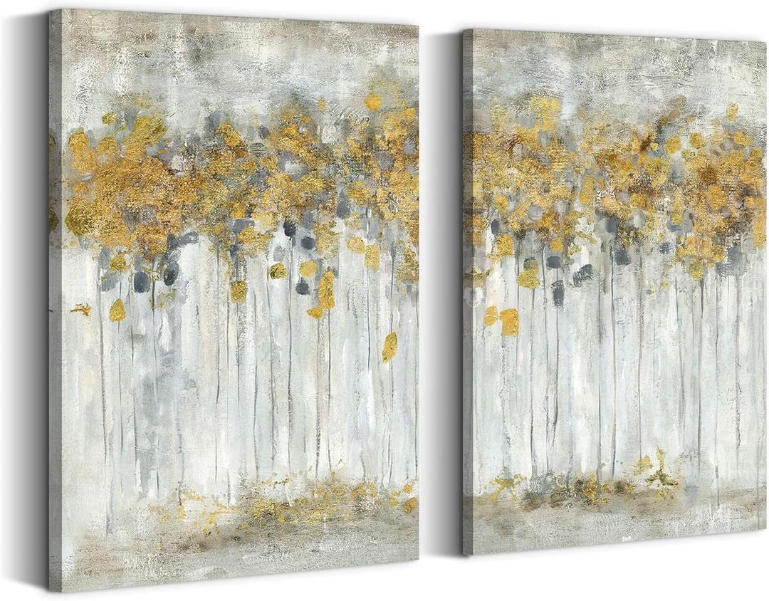 summer melody Bedroom Abstract Canvas Wall Art: 2 Pieces Gold Modern Landscape Picture Autumn Yellow Forest Painting Contemporary Nature Scenery Tree Print Gray Rustic Vertical Artwork (11L" x 16W")