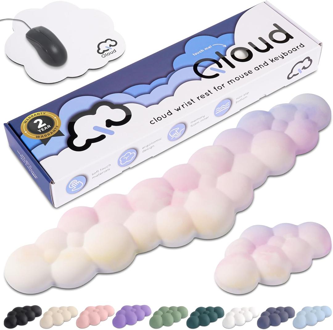 Qloud Cloud Wrist Rest Keyboard Wrist Rest for Computer Keyboard Pad, Cloud Keyboard Wrist Rest, Wrist Pad for Keyboard, Memory Foam, Non Slip Base, Comes with Mouse Pad - Rainbow (02 Rainbow 1)