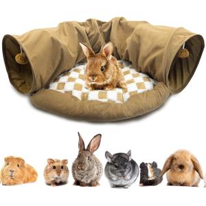 PINVNBY Bunny Tunnel Bed 2-in-1 Removable and Cozy Large Guinea Pig Hideout Tunnel Washable Small Animal Tunnels Tube Toys Guinea Pig Accessories for Rabbit Chinchilla Hedgehog Ferret (Khaki)
