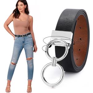 JASGOOD Women Leather Belt,Reversible Belt,Leather Waist Belt for Jeans Dress with Gold Double O Ring Rotate Buckle (Black) Size: Length 37":Fit Size 28"-32"