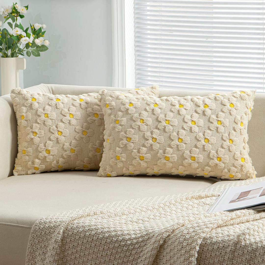 EMEMA Spring Summer Decorative Throw Pillow Covers 12x20 Inch Set of 2 Soft Plush Faux Couch Pillow Covers Sun Flower Pillowcase Cushion Case Holiday for Home Decor Sofa Bed Living Room Beige