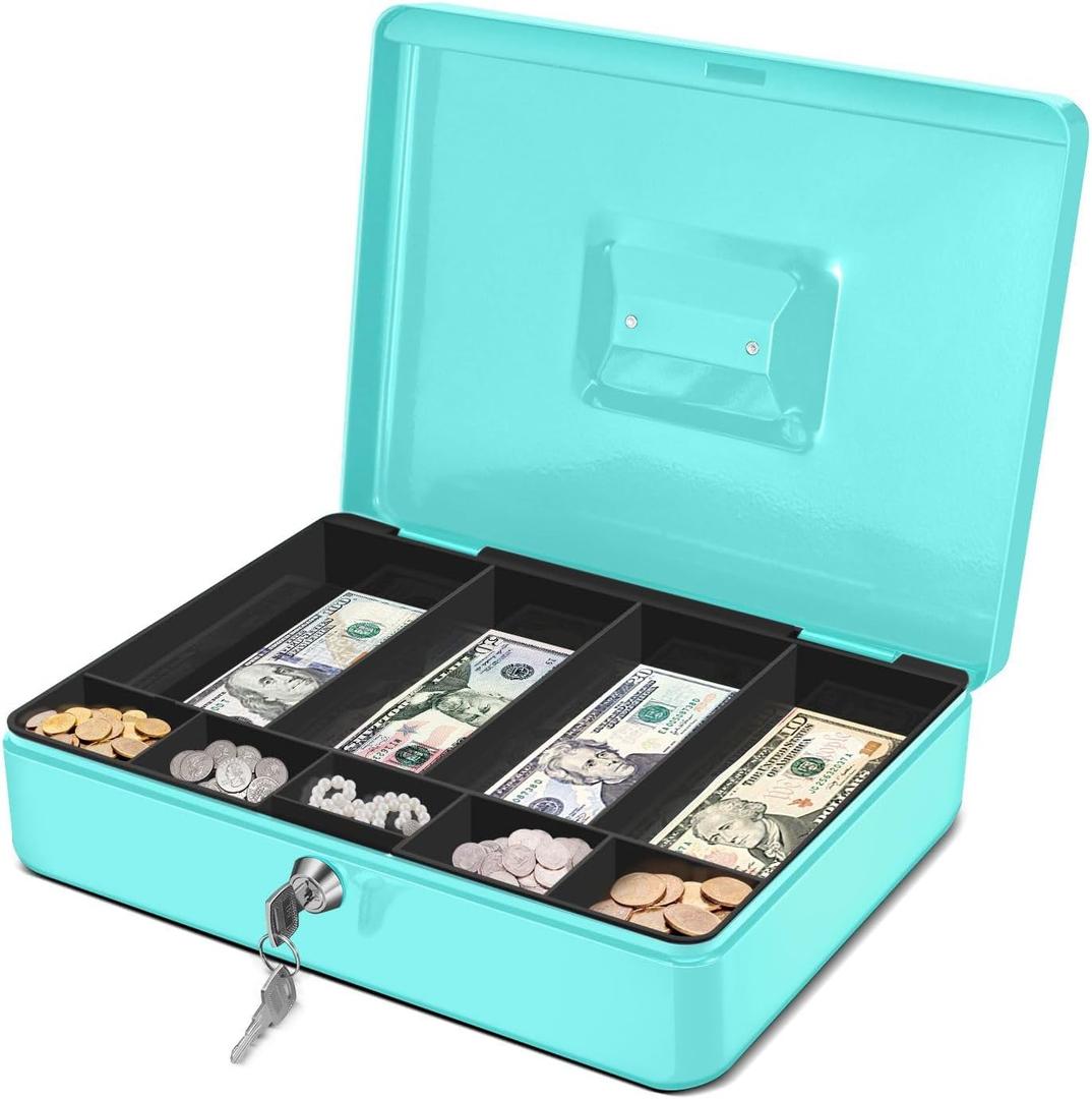 Flexzion Cash Box with Money Tray and Lock - Metal Cash Box for Small Businesses, 9-Compartment Blue Money Box with Removable Tray and Key, Portable Storage for Checks and Coins, Blue