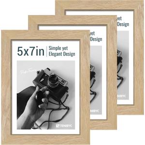5x7 Picture Frame Set - 3 Pack, Textured Natural Solid Wood, HD Tempered Glass, Gallery Photo Frame, for Wall Mounting and Tabletop Display