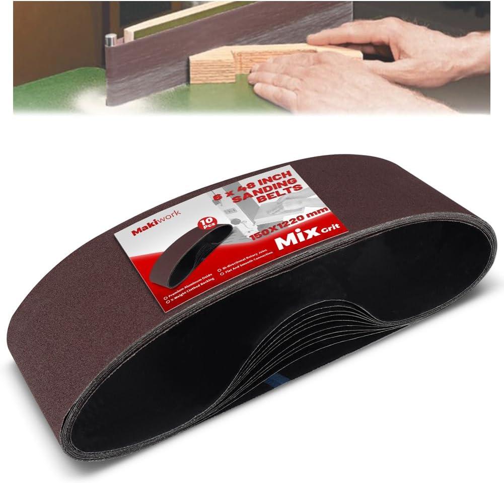 6 x 48 Inch 150 x 1220 mm Sanding Belts Set - 10-Pack with 80/120/150/240/400 Grits, Aluminum Oxide Abrasive Belts for Woodworking