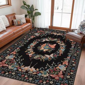 4x6 Butterfly Rug for Living Room, Low Pile Throw Rugs with Rubber Backing Washable Non Slip Modern Area Rug for Bedroom Dining Room, Black