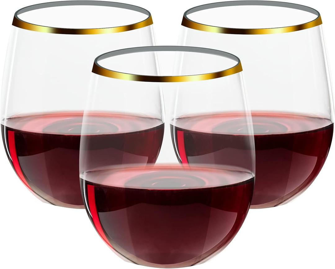 FOCUSLINE 32 Pack 12 OZ Plastic Wine Glasses, Stemless Disposable Wine Cups, Gold Rim Unbreakable Wine Glasses, Reusable Shatterproof Recyclable and BPA-Free Plastic Wine Cups, 32 Count