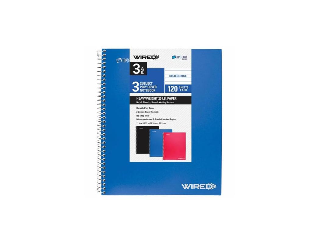 Top Flight 3 Pack College Ruled Spiral Notebook