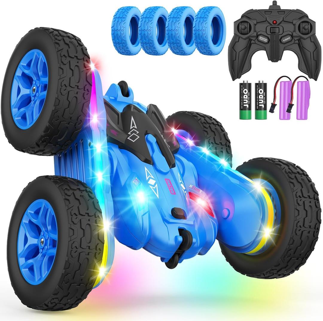 Terucle Remote Control Car, Rc Cars Stunt Toys New Upgraded Strip Lights and Headlights Toys Double-Sided 360° Rotating 4WD Drift Truck for Boys Girls Birthday Gift (Blue)