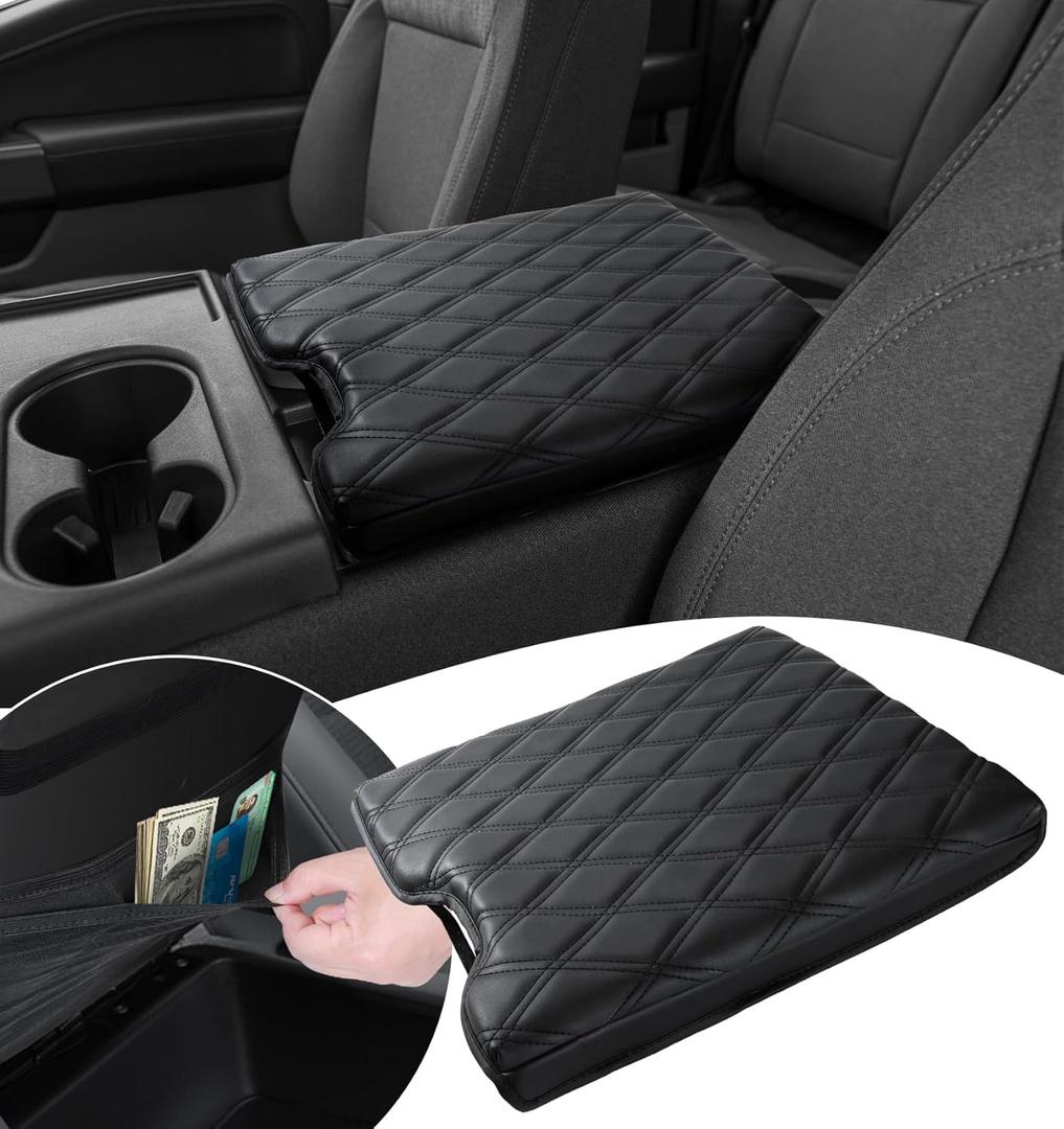 Thickened Center Console Armrest Cover with Hidden Pockets for 2015-2025 F150 Accessories, 2017-2025 F250 F350 F450, PU Leather Middle Console Protective Cover (Jump Seat Console Only)