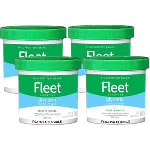Fleet Glycerin Suppositories for Constipation Relief, Fast and Effective Stimulant-Free Laxative with Aloe Vera, 100 Count Jar, Pack of 4