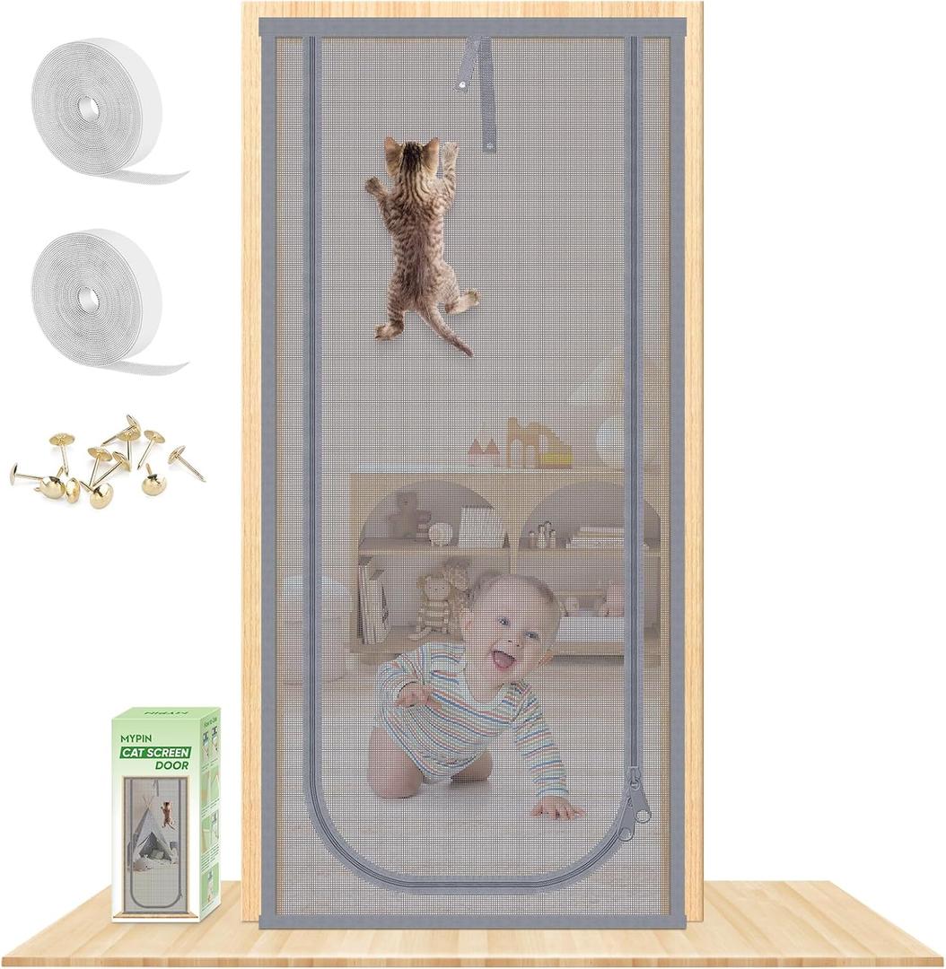 Reinforced Cat Screen Door, Fits Door Size 38''x 81'' Heavy Duty Pets Proof Screen Door with Bilateral Zipper, Prevent Dogs Cats Running Out from Home, Bedroom,Living Room, Kitchen Patio Door Grey