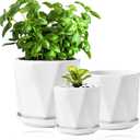 Yesland Ceramic Pots for Indoor Plants, Set of 3 in Different Sizes Round Plant Pots Flower Pots with Connected Saucer for Garden Indoor Outdoor Plants - White
