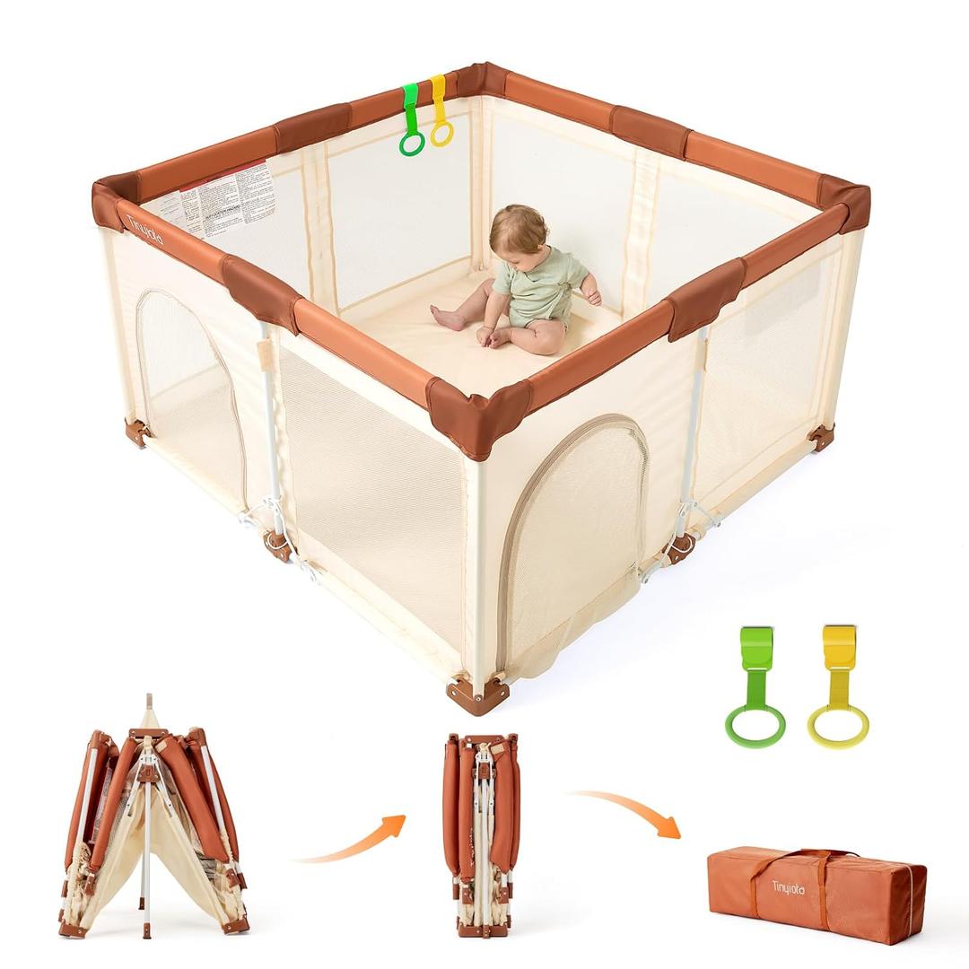 Tinyiota Foldable Baby Playpen, 50x50 Inch Portable Play Yard for Babies and Toddlers with Soft Breathable Mesh, Storage Bag & 2 Pull-Toy Handles for Indoor & Outdoor (Brown, 50x50)
