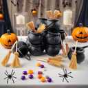 ROYHOO 48PCS Halloween Mini Witch Cauldron Set- 12 Pack Small Plastic Black Candy Cauldron with Spider, Broom, Witch Hat for Halloween Dollhouse Craft Accessories Table Decoration Supply