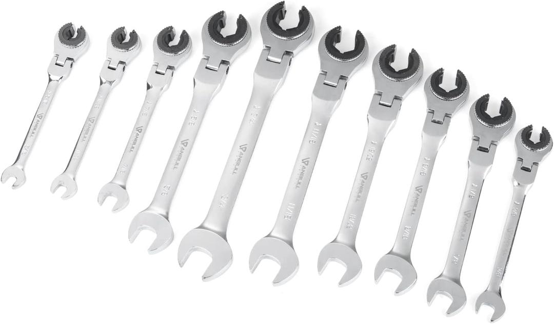 Anbull SAE 10pcs Ratcheting Wrench Set with 180 Open Flex-head, Open end Ratcheting Standard 72 Gears, CR-V Steel Tubing Ratchet Wrench