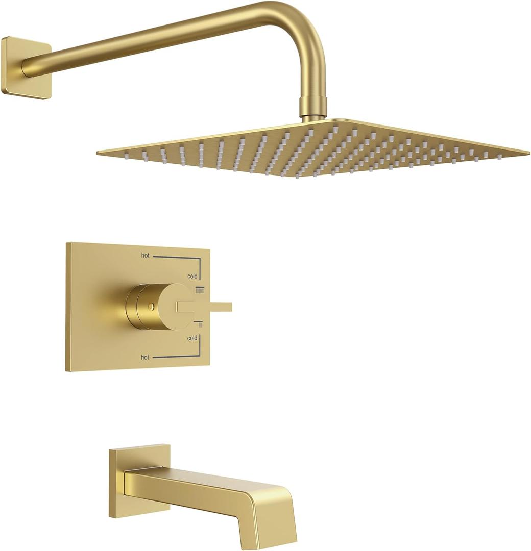 Brushed Gold Shower Fixtues, Tub and Shower Faucet Set Combo with 12 Inch Gold Shower Head and Tub Spout, Gold Shower Head and Handle Set (Valve Included) (Brushed Gold)