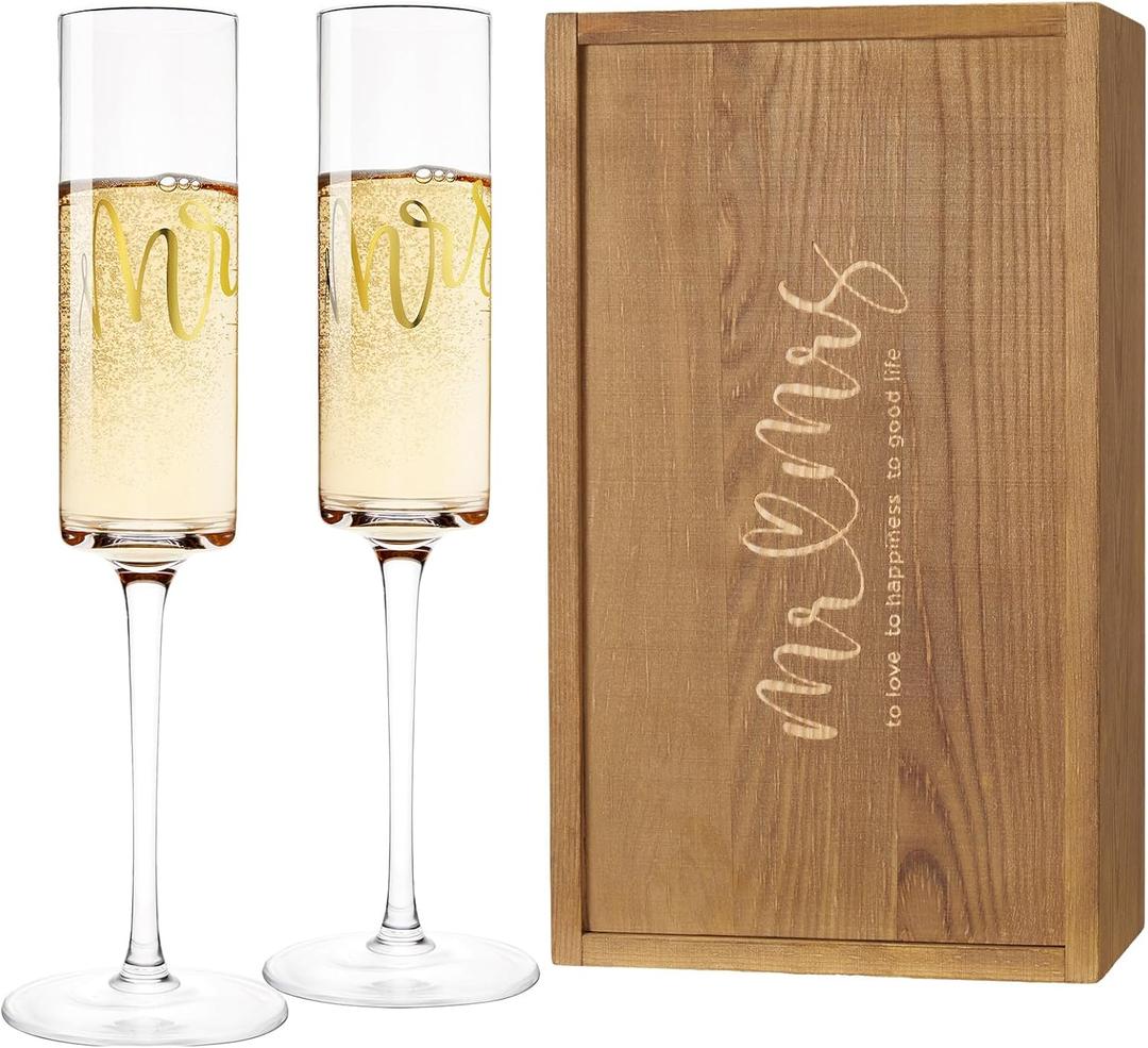 AW BRIDAL Mr and Mrs Champagne Flutes Set of 2, Engagement Gift for Couples and Newlyweds, Bridal Shower Gifts for Bride to Be, Wedding Anniversary Toasting Glasses Set with Wooden Box