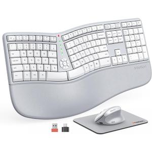 MEETION Ergonomic Wireless Keyboard and Mouse, Ergo Keyboard with Vertical Mouse, Split Curved Keyboard with Wrist Rest, Natural Typing Rechargeable Full Size, Windows/Mac/Computer/Laptop, Gray (Large, Gray White 2025)