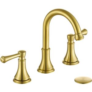 TimeArrow Brushed Gold 8 inch Widespread Bathroom Sink Faucet 3 Holes with Pop-Up Drain, 2 Handle Modern Bathroom/Vanity/Lavatory Faucet with Brass 360 Swivel Spout, TAF830Y-PB