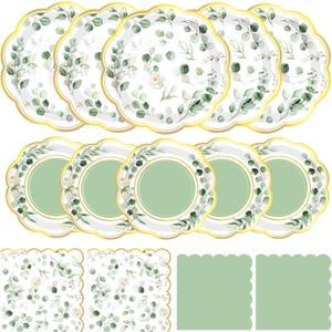 Funnymoom 200 Pcs Eucalyptus Party Supplies Kit Sage Green Disposable Paper Dinner Dessert Plates Luncheon Napkins and Beverage Napkins for Birthday Baby Shower Bridal Shower Wedding Party 50 Guests