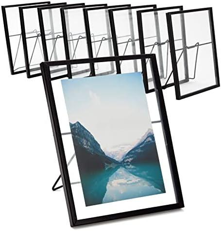 Juvale 8-Pack Black Floating Glass Picture Frames - Double-Sided Glass & Easel Back (6.9 x 8.9 in) - Photo Frames for Wedding Table Numbers and Pressed Flowers (5 x 7 In Photos)