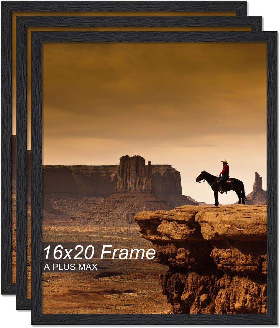 A PLUS MAX 16x20 Picture Frame Set of 3, Black Engineered Wood Frame for 16 x 20 Inch Picture Poster Photo, Light Weight 16 by 20 Frame with Wood-grain for Wall - 3 Pack/Black/16 x20