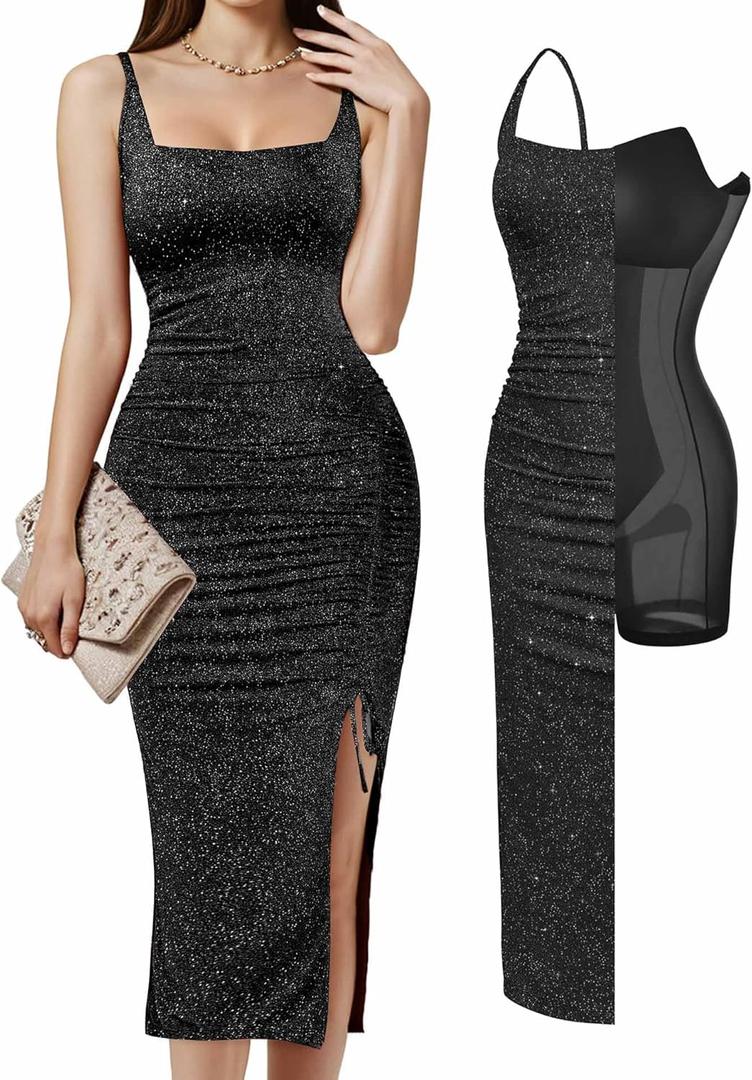 Popilush Shapewear Midi Dress Women's Sparkly Formal Wedding Guest Cocktail Dresses Fall Square Neck Ruched Dress Side Slit (XX-Large, Black)
