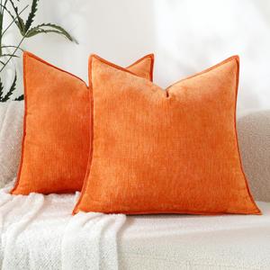 Stellhome Pack of 2, Soft Chenille Soild Throw Pillow Covers Accent Cushion Case Boho Farmhouse Neutral Decorative Pillowcase for Couch Sofa Bedroom Living Room Home Decor 16 x 16 Inch, Orange