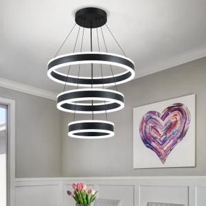 O'NEELDY Modern LED Chandeliers Adjustable Hanging Black Pendant Light Fixture 3 Ring Flush Mount Chandeliers for Bedroom,Kitchen,Island Cafe