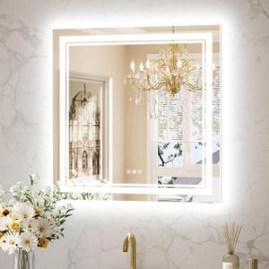 Keonjinn Bathroom LED Mirror 30 x 30 Inch Frontlit and Backlit, Tempered Glass Stepless 3 Colors Temperature & Dimmable Square Wall Mirror, UL Listed LED Driver, Double LED Strips, Anti-Fog